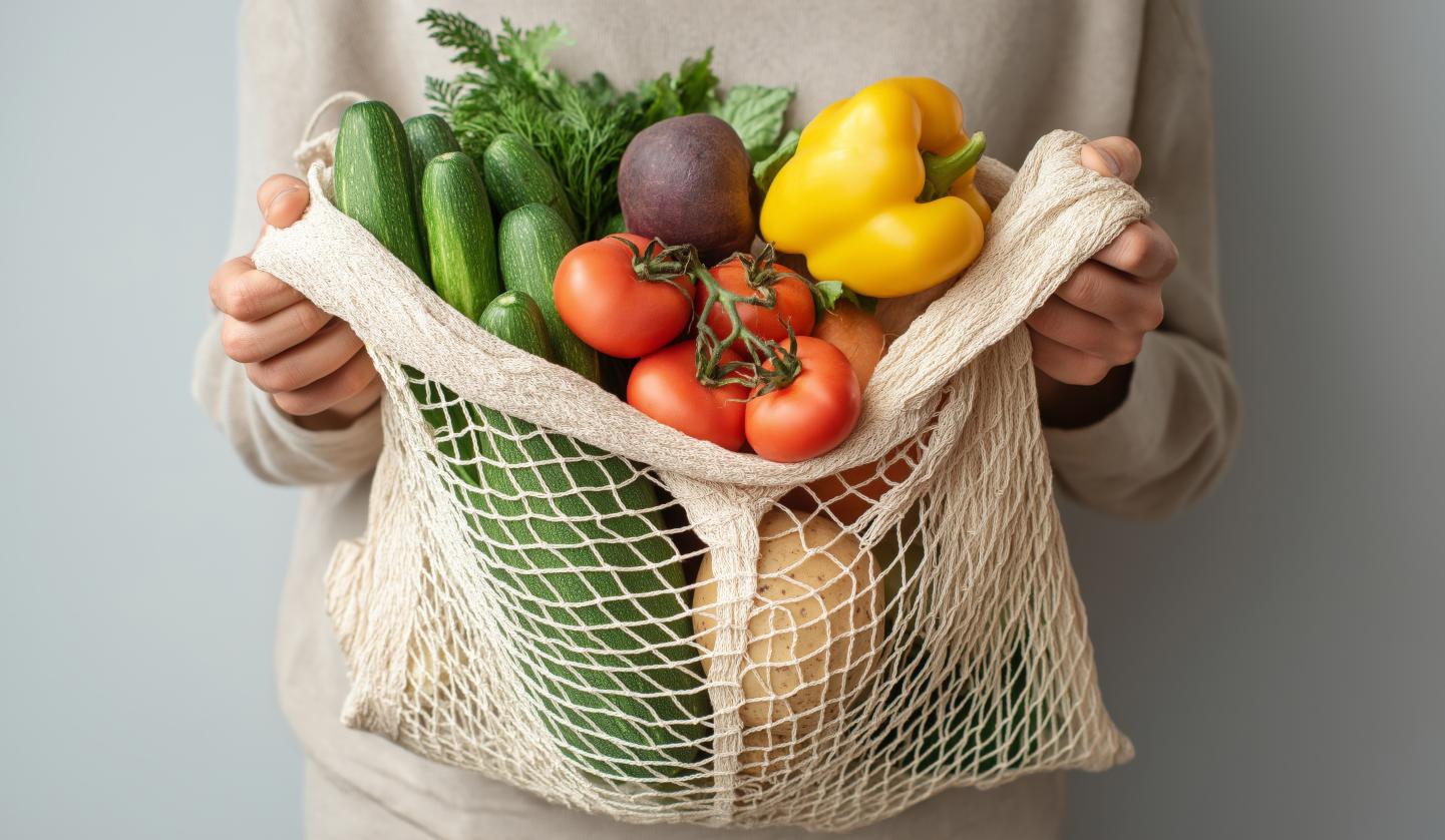 Hands holding reusable mesh bag filled with fresh vegetables