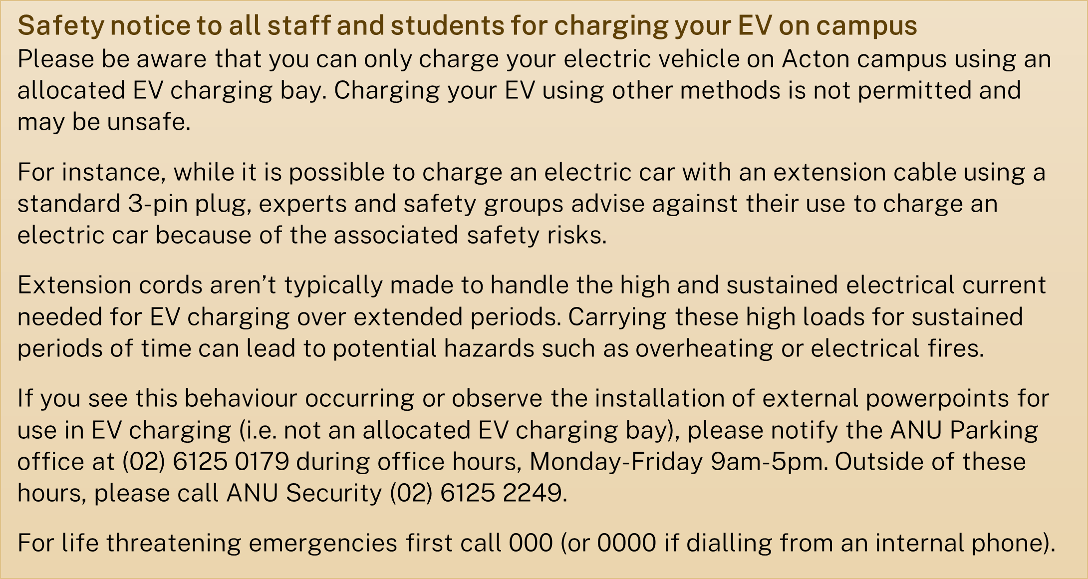 Safety notice to all staff and students for charging your EV on campus