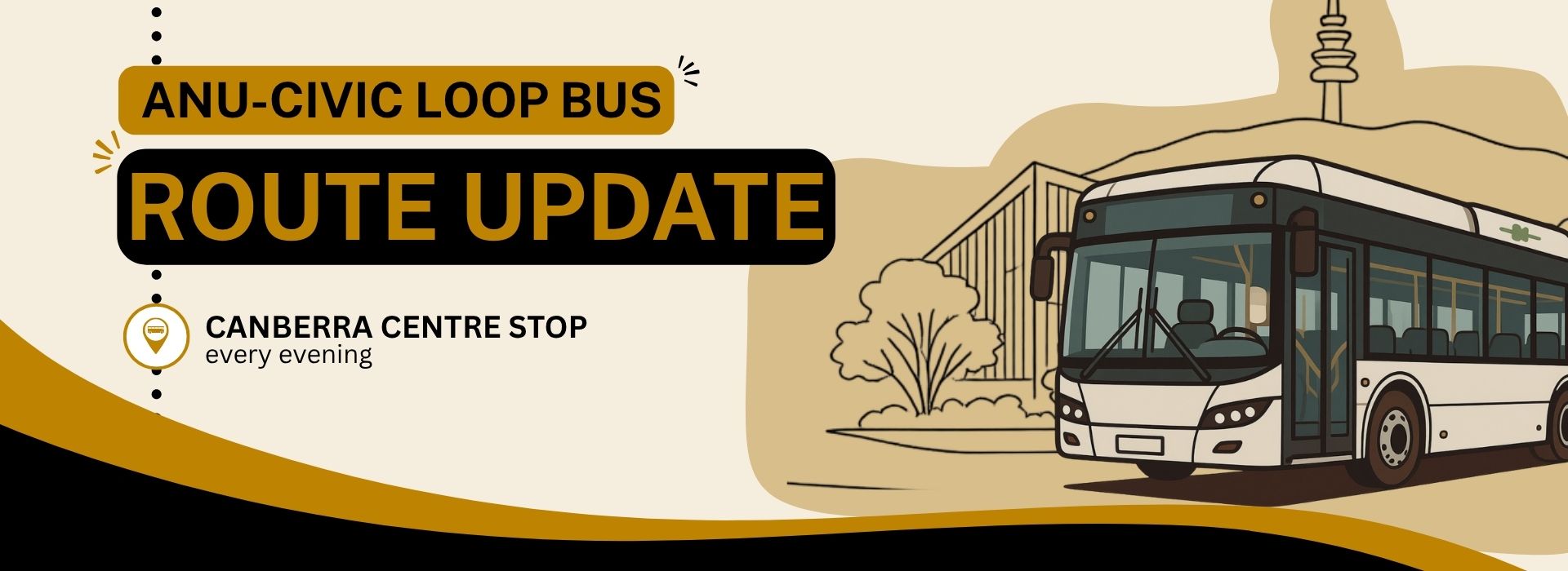 Graphic depicting electric bus with illustrated background of ANU Acton campus and Telstra Tower. Text in image states "ANU-Civic Loop Bus Route Update. Canberra Centre Stop every evening"