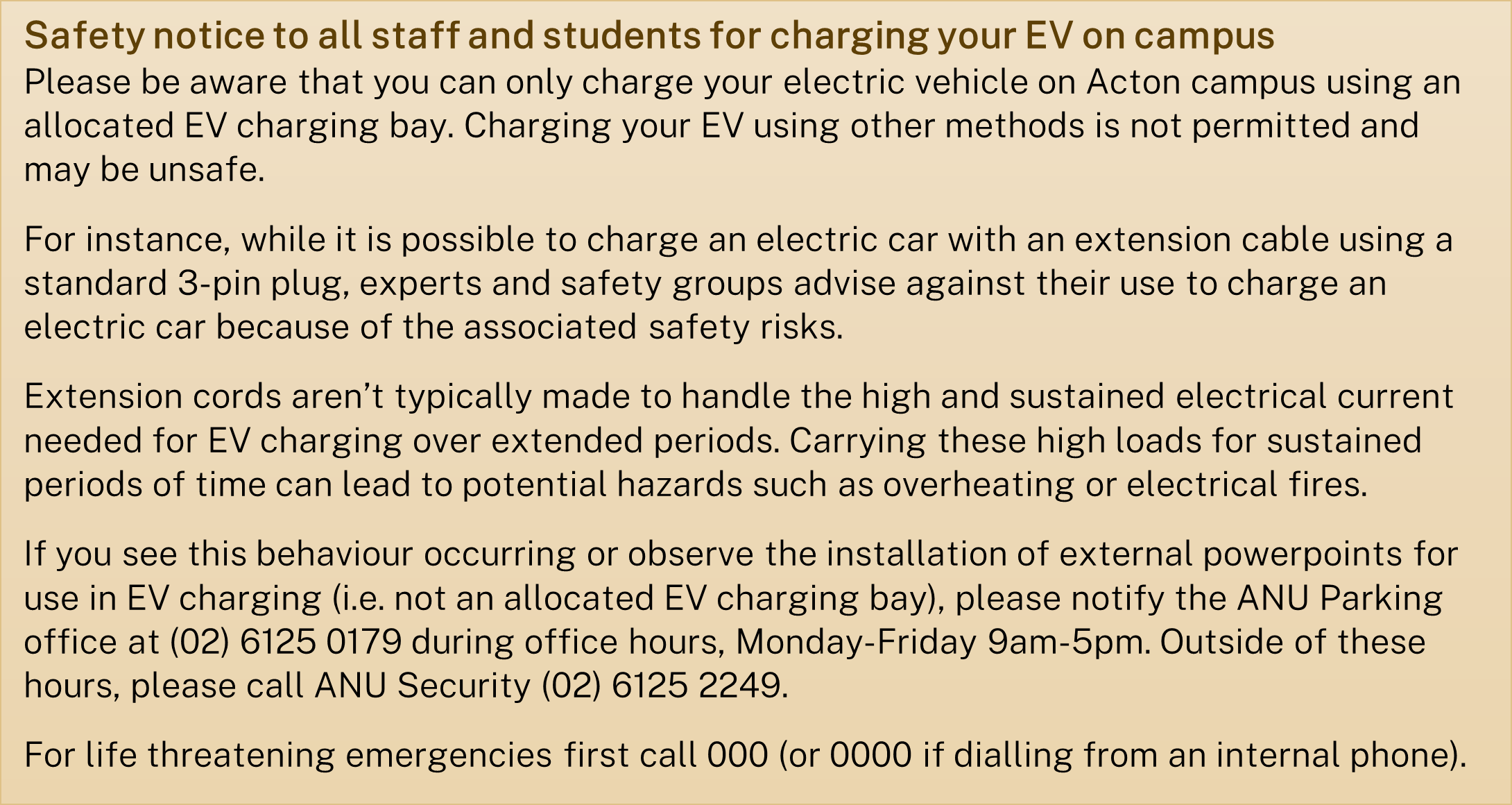 EV charging safety notice for ANU campus