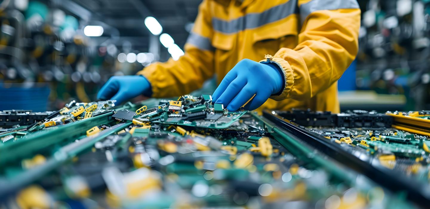 Sorting ewaste separating recyclables and removing hazardous materials in a tech recycling facility