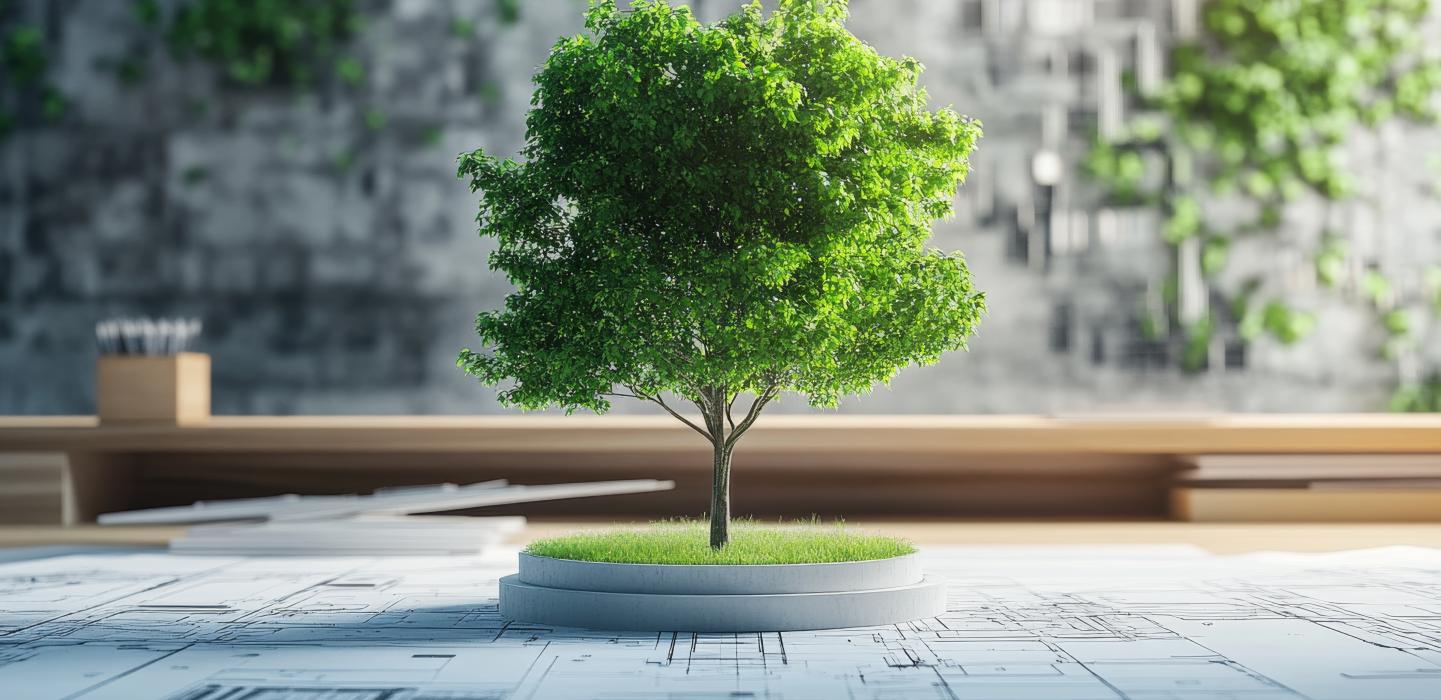 Futuristic eco architecture concept vibrant green tree on technical blueprints in modern workspace