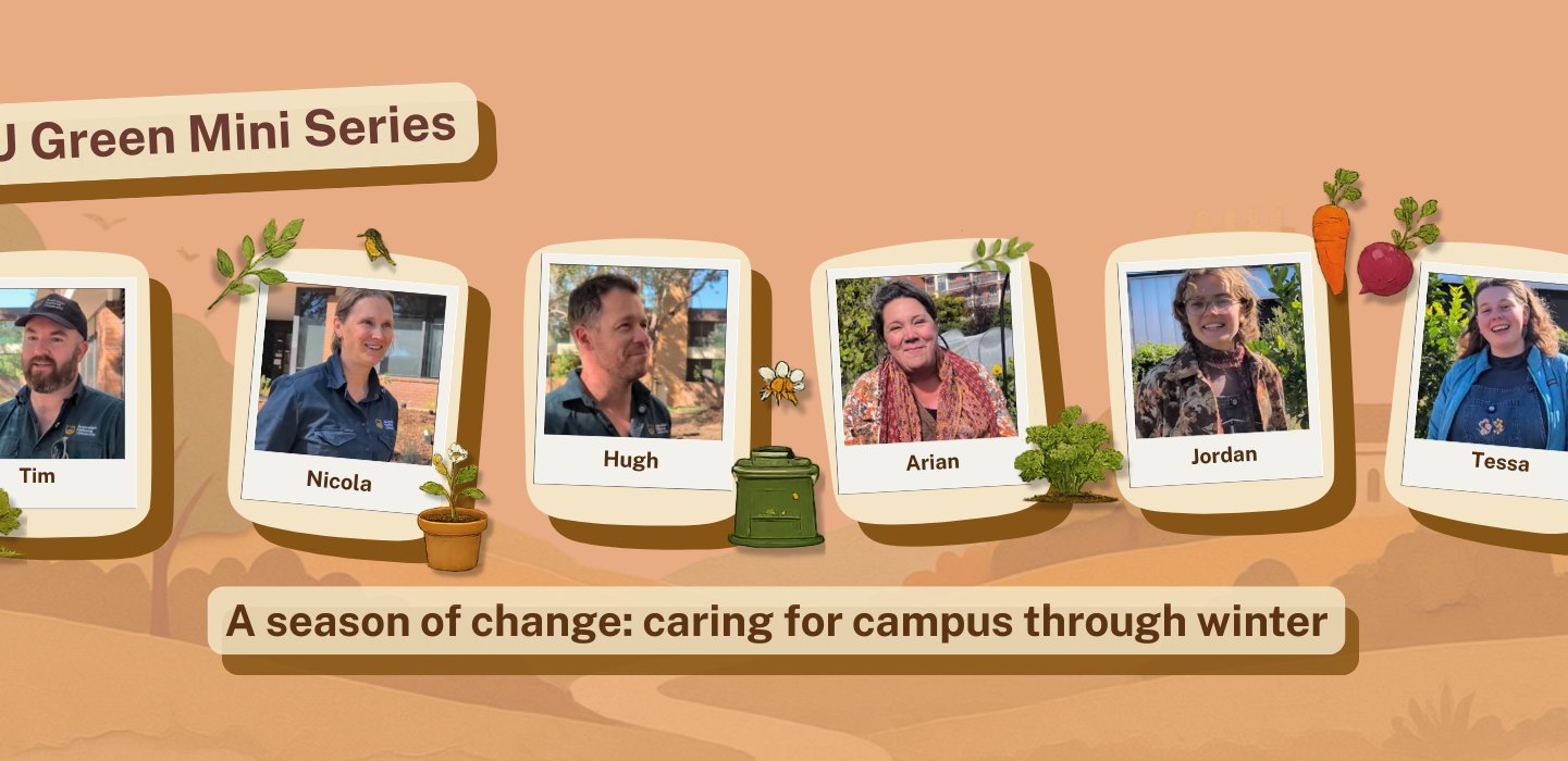 Graphic created by ANU Green Team depicting six ANU Staff and Students who were incorporated into the mini series, A season of change: Caring for campus through winter