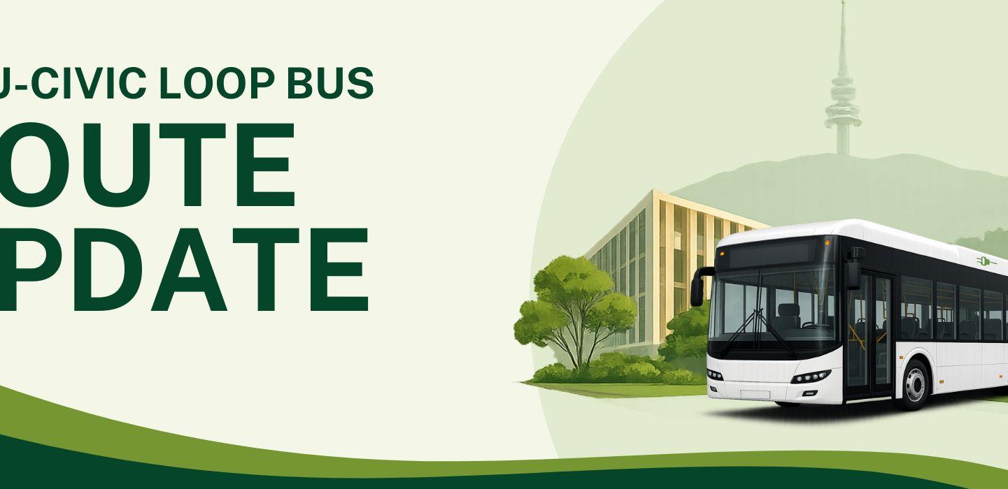 Original graphic created by ANU Green Team of an electric bus in front of campus landscape on the right, and the heading of the news article to the left. 