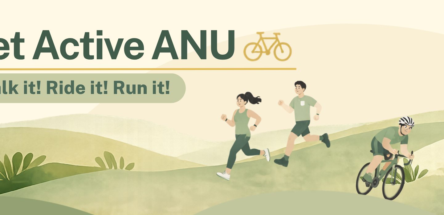 Digitally designed image for Get Active ANU Program picturing rolling hill landscape and greenery with two people running and two cyclists.