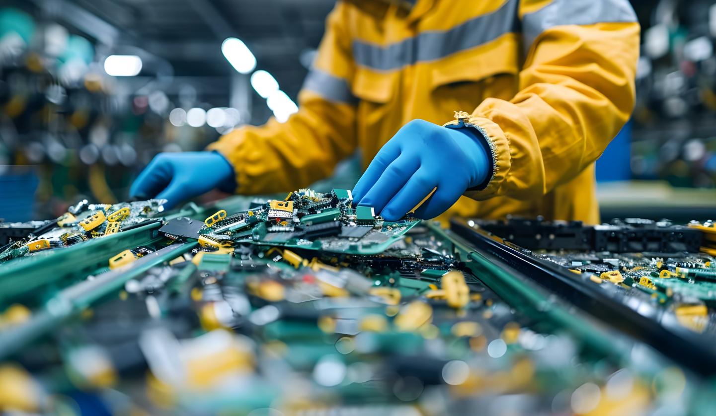 Sorting ewaste separating recyclables and removing hazardous materials in a tech recycling facility