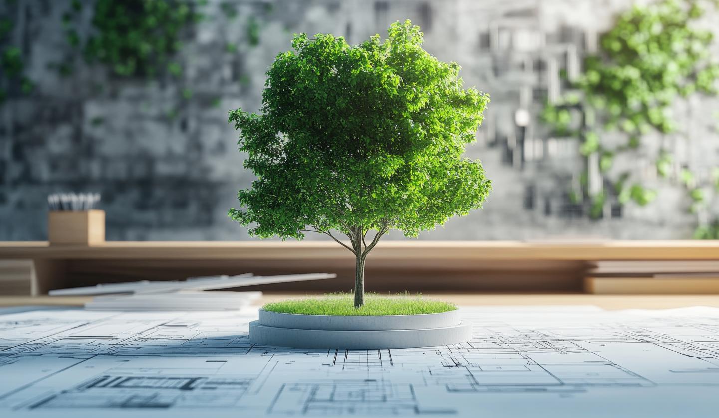 Futuristic eco architecture concept vibrant green tree on technical blueprints in modern workspace