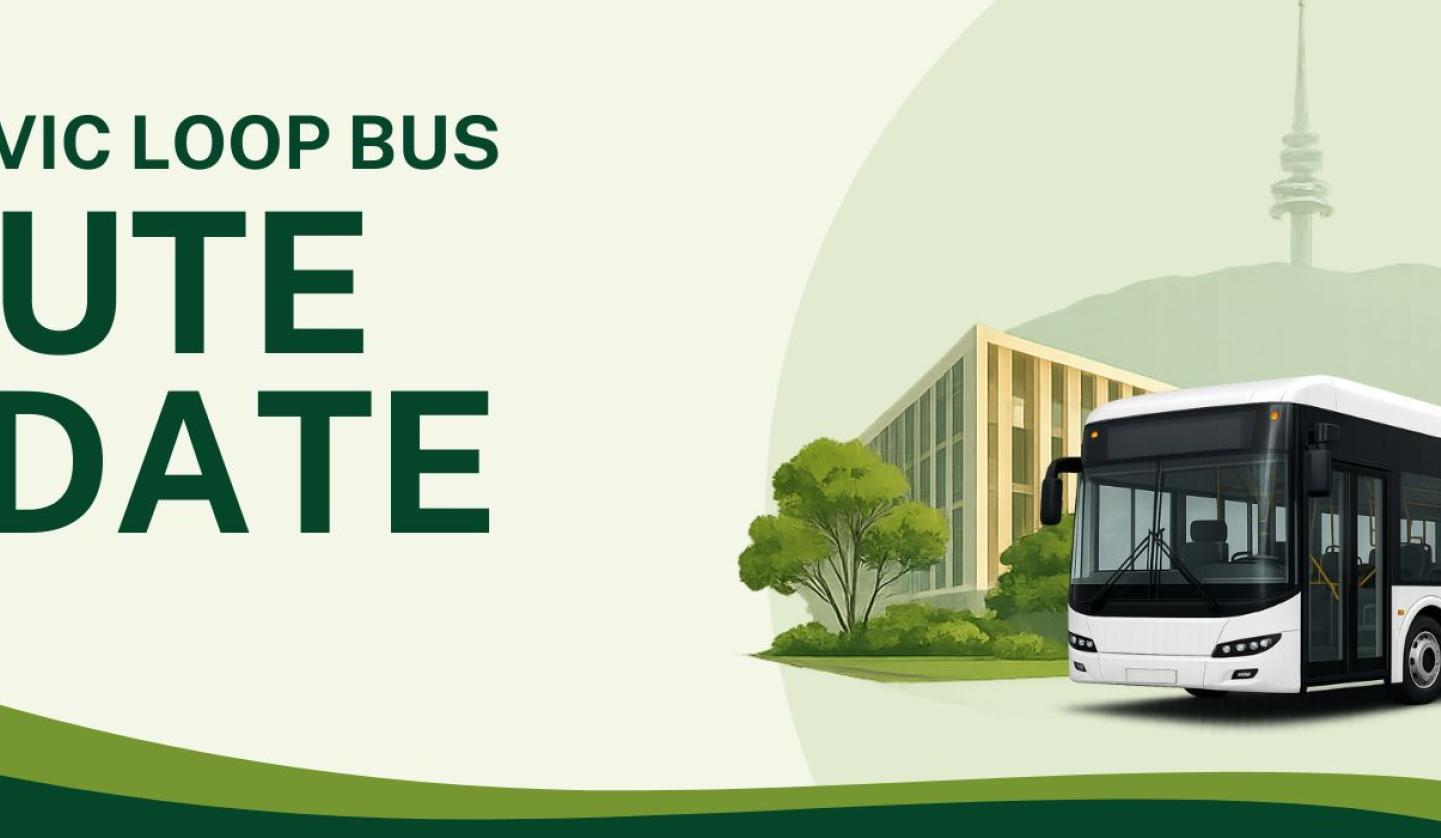 Original graphic created by ANU Green Team of an electric bus in front of campus landscape on the right, and the heading of the news article to the left. 