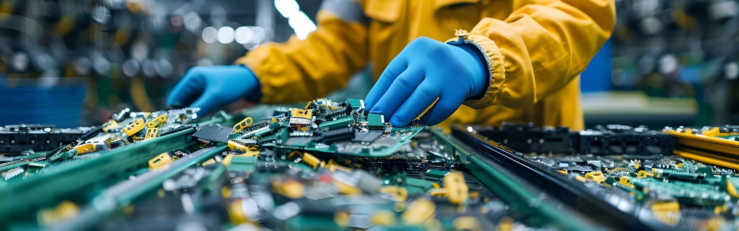 Sorting ewaste separating recyclables and removing hazardous materials in a tech recycling facility