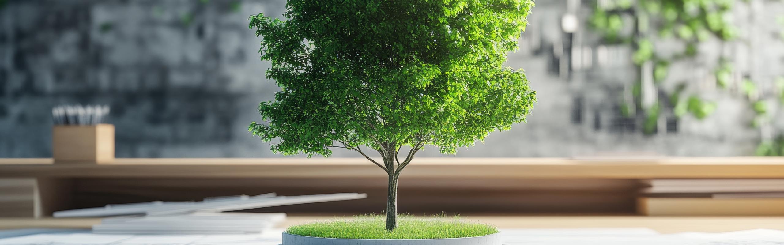 Futuristic eco architecture concept vibrant green tree on technical blueprints in modern workspace