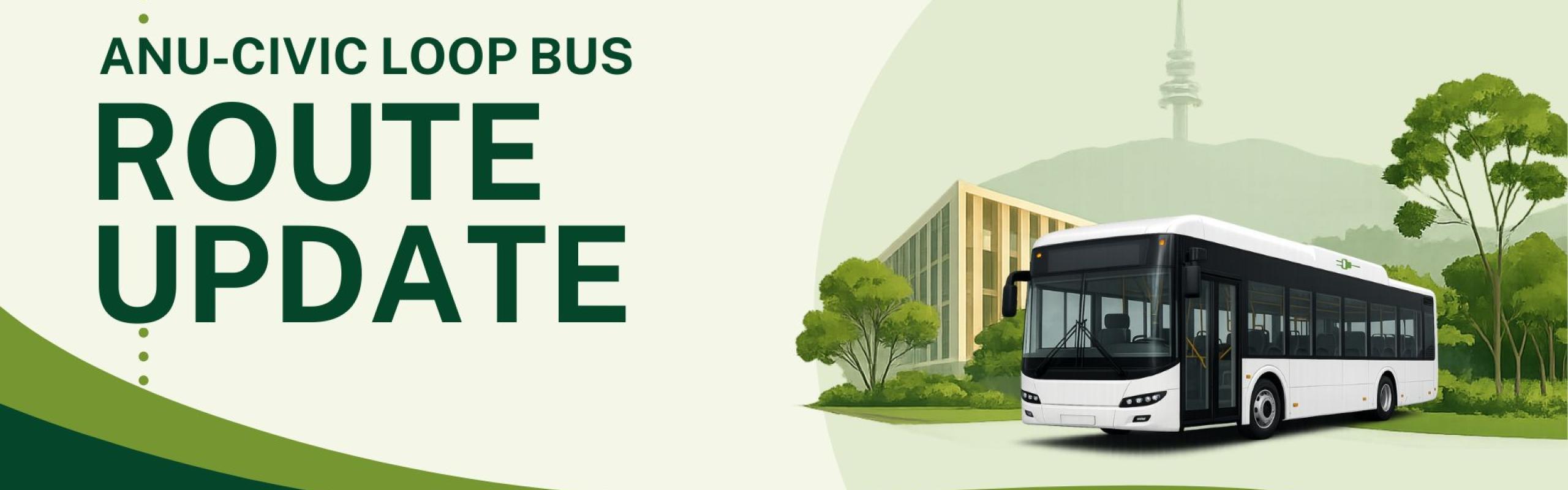 Original graphic created by ANU Green Team of an electric bus in front of campus landscape on the right, and the heading of the news article to the left.